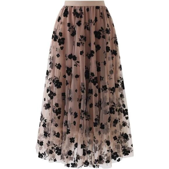 Women's 3D Posy Double-Layered Mesh Midi Skirt - Picture 8 of 14